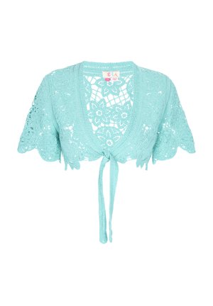 Cardigan all'uncinetto in turchese chiaro, con scollatura a V, maniche corte, e motivo in pizzo floreale con chiusura a fiocco sul davanti.
