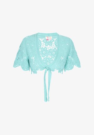 Adījuma jaka gaiši tirkīza krāsā, ar V veida kakla izgriezumu, īsām piedurknēm un ziedu mežģīņu rakstu, ar sasienamu aizdari priekšpusē.