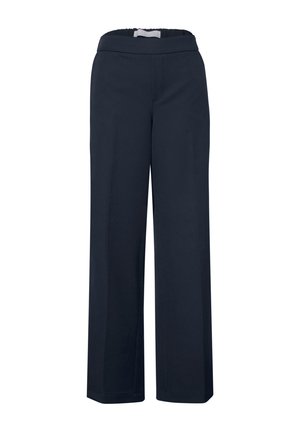 Navy wide-leg pants with an elastic waistband, made from soft fabric. Features a smooth texture and a straight silhouette with no pockets.