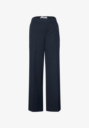 Marineblaue weit geschnittene Hose mit elastischem Bund, gefertigt aus weichem Stoff. Sie hat eine glatte Textur und eine gerade Silhouette ohne Taschen.