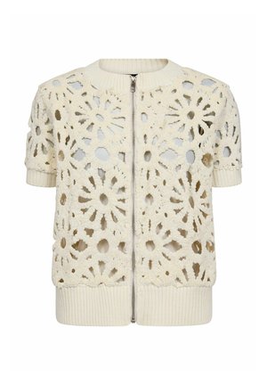 Adīts kardigans ar ziedu mežģīņu rakstu krēmkrāsā; tam ir īsas piedurknes, rāvējslēdzējs priekšpusē un ribots apmales apdare. Teksturēts un atvērts dizains.