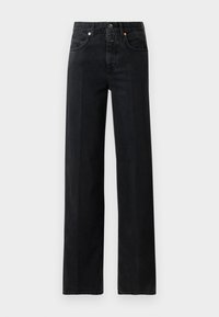 Fekete farmernadrág egyenes szárú szabással. Öt zsebbel, gombos záródással és minimális varrási részletekkel rendelkezik. Klasszikus dizájn.