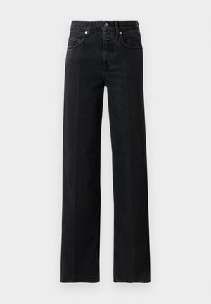 Jeans en denim noir avec une coupe droite. Comprend cinq poches, une fermeture bouton et des détails de couture minimalistes. Design classique.
