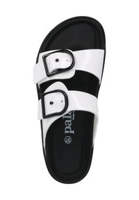 White synthetic slide sandal with two black buckles, black sole, smooth upper surface, and padded footbed for comfort. Size 37.
