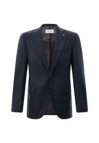 Marineblauer Blazer mit einem Revers mit Kerbkragen, zwei Knöpfen und zwei Vordertaschen. Verfügt über ein gemustertes Innenfutter und ein Einstecktuch als Akzent.
