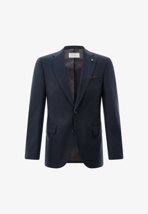 Marineblauer Blazer mit einem Revers mit Kerbkragen, zwei Knöpfen und zwei Vordertaschen. Verfügt über ein gemustertes Innenfutter und ein Einstecktuch als Akzent.