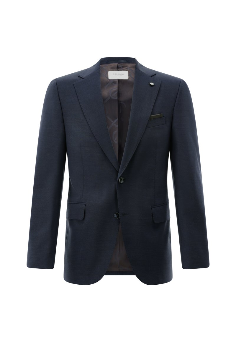 Marineblauer Blazer mit einem Revers mit Kerbkragen, zwei Knöpfen und zwei Vordertaschen. Verfügt über ein gemustertes Innenfutter und ein Einstecktuch als Akzent.