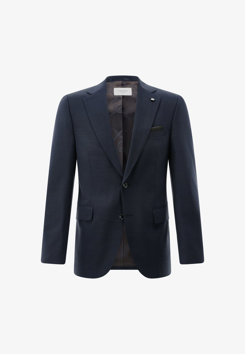 Marineblauer Blazer mit einem Revers mit Kerbkragen, zwei Knöpfen und zwei Vordertaschen. Verfügt über ein gemustertes Innenfutter und ein Einstecktuch als Akzent.