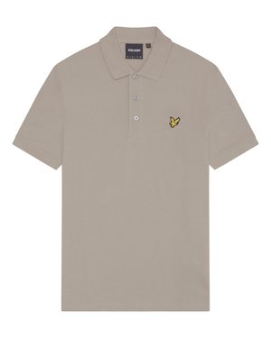 Beige Poloshirt aus Baumwolle mit einer Knopfleiste mit drei Knöpfen und einem kleinen gelben gestickten Vogel-Logo auf der linken Brust.