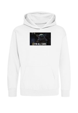 Witte capuchontrui met een Baby Yoda-afbeelding en de tekst "I'M ALL EARS" middenvoor.