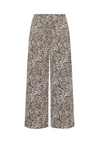 Pantalones de pierna ancha con cintura alta y un patrón abstracto de cebra en blanco y negro sobre una tela beige clara.