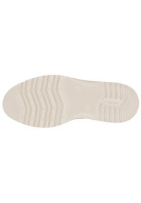 Suola di scarpa in gomma bianca con un motivo a zigzag testurizzato e logo in rilievo. Superficie liscia con linee di battistrada chiare per una migliore aderenza.