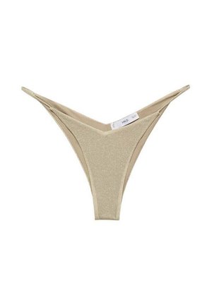 Gold glitter thong with a V-shaped front and thin sides. Smooth texture with a contrasting beige inner lining. Tag visible on the side.