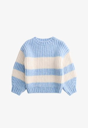 Grober Strickpullover mit breiten horizontalen Streifen in Hellblau und Creme, ausgestattet mit einem gerippten Rundhalsausschnitt, Bündchen und Saum.