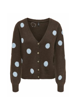 Cardigan marron boutonné avec des pois bleu clair, manches longues, poignets côtelés et col en V.