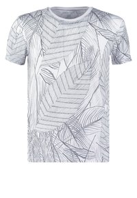 Camiseta blanca con un patrón de hojas botánicas en gris, de mangas cortas, cuello redondo y textura suave.