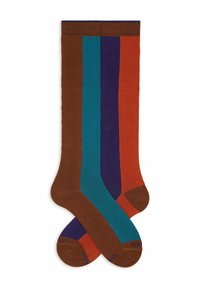 Calze a strisce marroni, teal, viola e arancioni alte fino al ginocchio, con una consistenza morbida e accenti solidi su punta e tallone, presentano una finitura liscia.