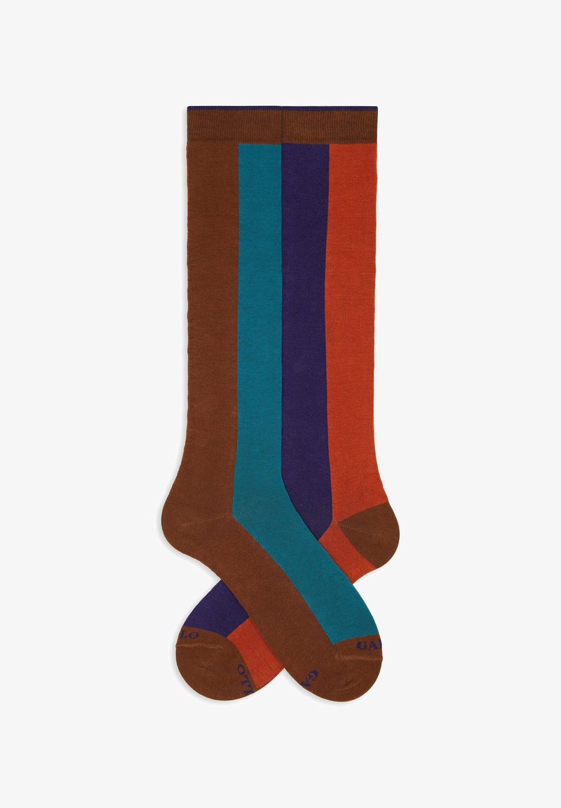 Brown, teal, purple, and orange striped knee-high socks with a soft texture and solid toe and heel accents, featuring a smooth finish.