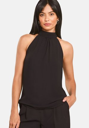 Black halter neck top made of smooth fabric with pleated detailing at the neckline, featuring a relaxed fit and an elegant silhouette.