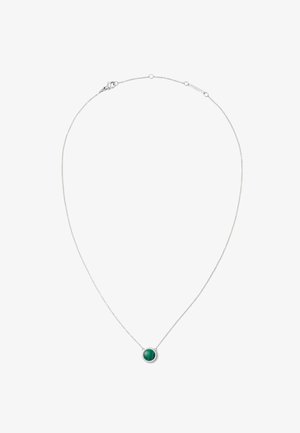 Hõbedane kettkaelakee ringikujulise rohelise gemstone ripatsiga, mille ümber on dekoratiivne hõbedane raam. Sile tekstuur ja poleeritud viimistlus.