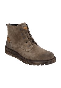 Brown suede ankle boots with a rounded toe, lace-up design, contrasting stitching, and textured rubber sole. Notable leather accent on the side.