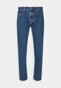 Blue straight-leg denim jeans with front button and zipper closure, belt loops, and front pockets, displayed on a white background.