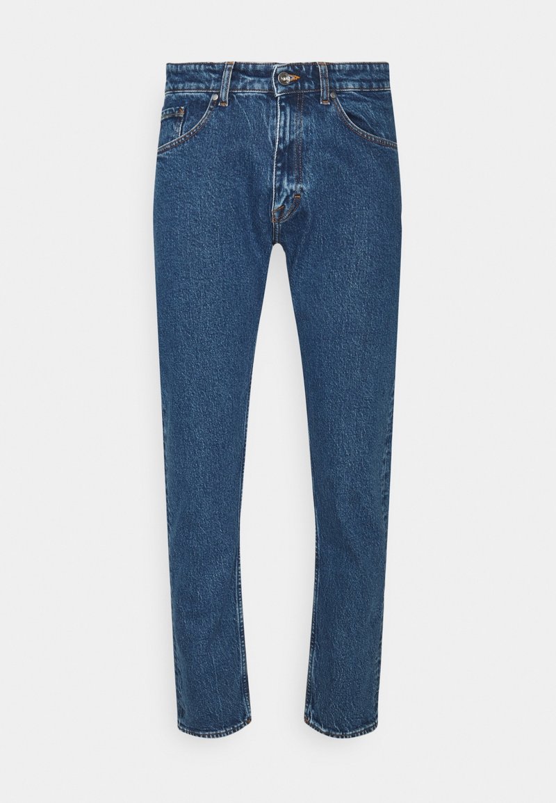 Blue straight-leg denim jeans with front button and zipper closure, belt loops, and front pockets, displayed on a white background.