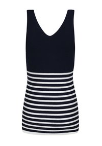 Canotta a coste blu navy con scollatura a V profonda, decorata con un motivo a righe orizzontali bianche in vita e una silhouette aderente.