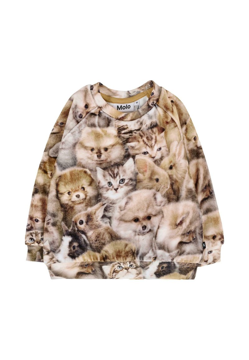 Lekka bluza z okrągłym dekoltem, z gęstym nadrukiem uroczych twarzy zwierząt w miękkich odcieniach beżu, brązu i kremu.