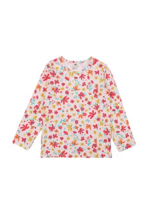 Langärmeliges Kinderhemd mit weißem Hintergrund und einem bunten Blumenmuster in Rot-, Orange-, Gelb- und Türkistönen.