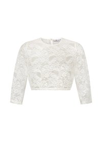 Weißes Spitzen-Crop-Top mit rundem Ausschnitt und drei Viertel-Ärmeln. Verfügt über ein florales Spitzenmuster und einen Reißverschluss auf der Rückseite.
