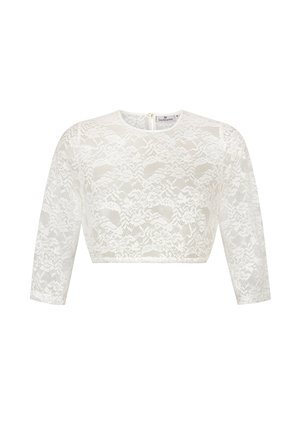 Weißes Spitzen-Crop-Top mit rundem Ausschnitt und drei Viertel-Ärmeln. Verfügt über ein florales Spitzenmuster und einen Reißverschluss auf der Rückseite.