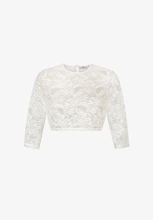 Weißes Spitzen-Crop-Top mit rundem Ausschnitt und drei Viertel-Ärmeln. Verfügt über ein florales Spitzenmuster und einen Reißverschluss auf der Rückseite.