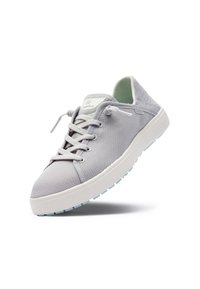 Light grey mesh sneaker with white sole and blue accents. Features traditional laces, rounded toe, and textured upper design for breathability.