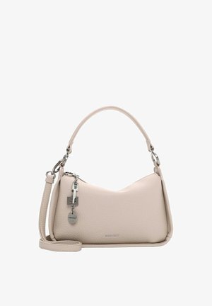 Sac à main en cuir beige clair avec une forme incurvée, une poignée courte et une bandoulière amovible ; présente des accents métalliques et un détail de logo.
