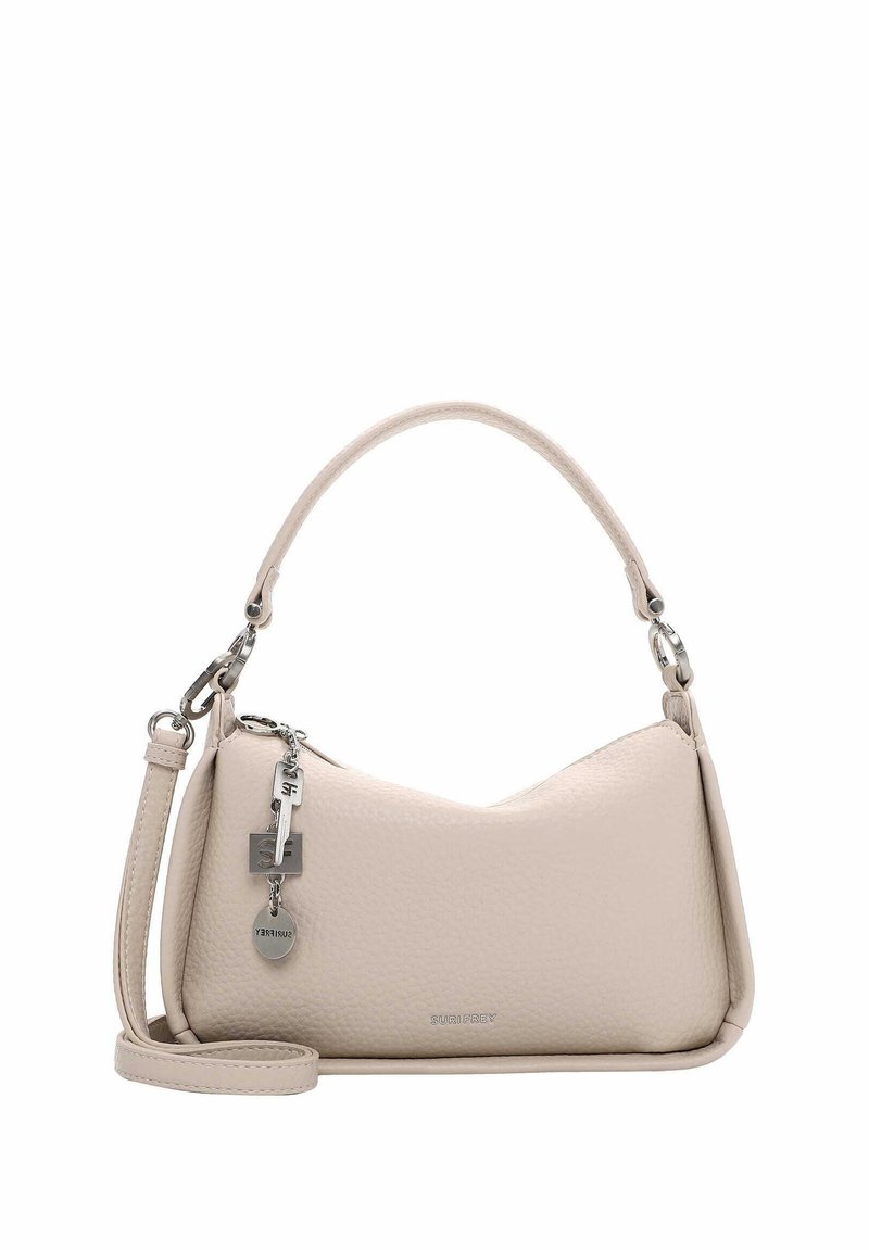 Šviesiai smėlinės odos rankinė, turinti kreivą formą, trumpą rankeną ir atsegamą petnešą; turi metalinių akcentų ir logotipo detalę.