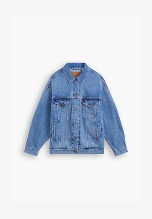 Light blue denim jacket with a classic collar, two chest pockets, side pockets, and button closure. Features a loose fit and visible stitching.