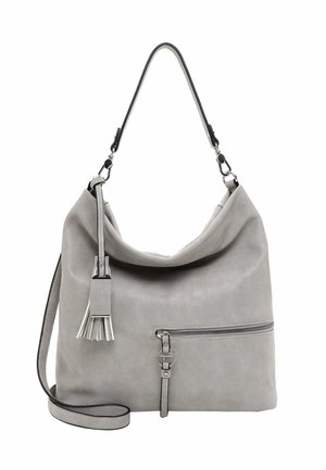 Sac à main en cuir gris avec un design décontracté, une poche zippée, un gland décoratif et une longue bandoulière. Texture lisse et quincaillerie minimaliste.