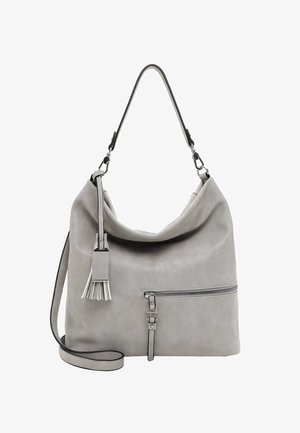 Borsa a tracolla in pelle grigia con design morbido, tasca con zip, nappina decorativa e lunga tracolla. Texture liscia e hardware minimale.