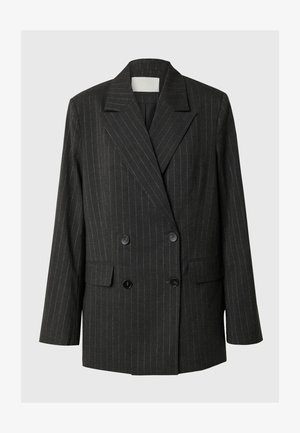 Tumehall halli kahekordne jope heledate hallide triipudega, tekstureeritud kangas, sälguga krae, kaks eesmist taskut ja mustad nööbid.