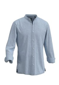 Světle modrá košile s dlouhými rukávy, stojatým límečkem, zapínáním na knoflíky vpředu, ohrnutými manžetami a minimalistickým designem, vyrobená z měkké látky. Černý akcent na lemu.