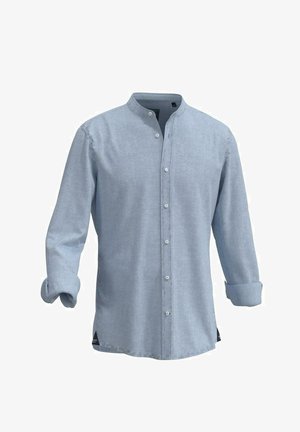 Camisa azul clara de manga larga con cuello mao, botones en la parte delantera, puños remangados y diseño minimalista, confeccionada en una tela suave. Detalle negro en el dobladillo.