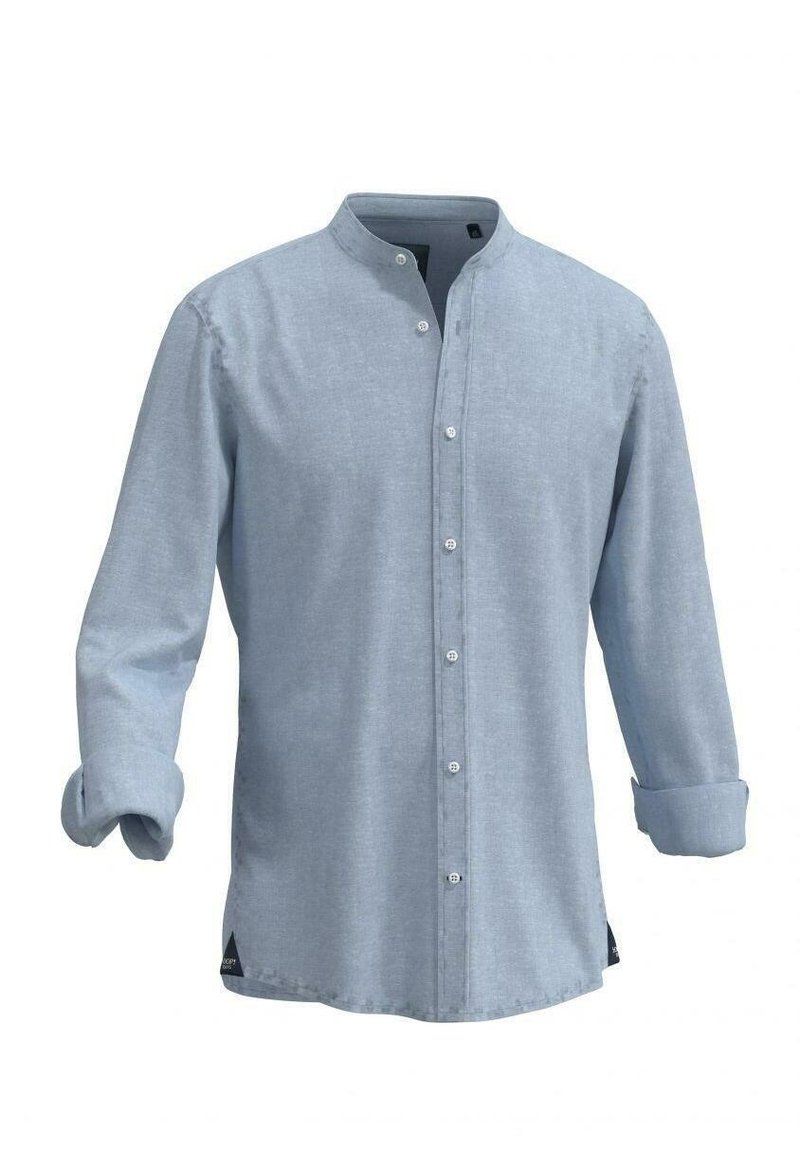 Světle modrá košile s dlouhými rukávy, stojatým límečkem, zapínáním na knoflíky vpředu, ohrnutými manžetami a minimalistickým designem, vyrobená z měkké látky. Černý akcent na lemu.