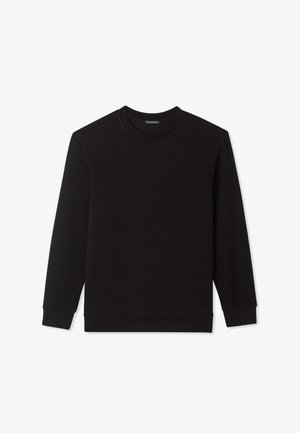 Felpa nera realizzata in tessuto morbido con scollo rotondo e maniche lunghe. Presenta polsini a coste e un sottile motivo testurizzato.