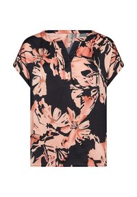 Sort kortærmet bluse med store blomster i fersken og pink samt V-halsudskæring.