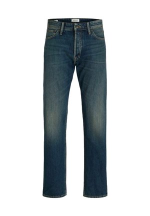 Men's straight-leg blue denim jeans with front button and zip closure, belt loops, and front pockets.