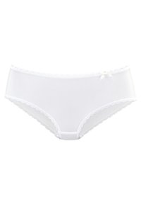 Witte damesonderbroekjes van gladde stof, met een geschulpte kanten rand en een klein lintaccent aan de rechterzijde.
