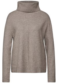 Pull beige en tricot avec un col haut replié, des manches longues et un ourlet côtelé, offrant une texture douce et une coupe décontractée.