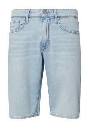 Svetlomodré denimové šortky s piatimi vreckami, zapínaním na gombík a rovnným strihom. Materiál má jemný, textúrovaný povrch.