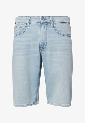 Svetlomodré denimové šortky s piatimi vreckami, zapínaním na gombík a rovnným strihom. Materiál má jemný, textúrovaný povrch.